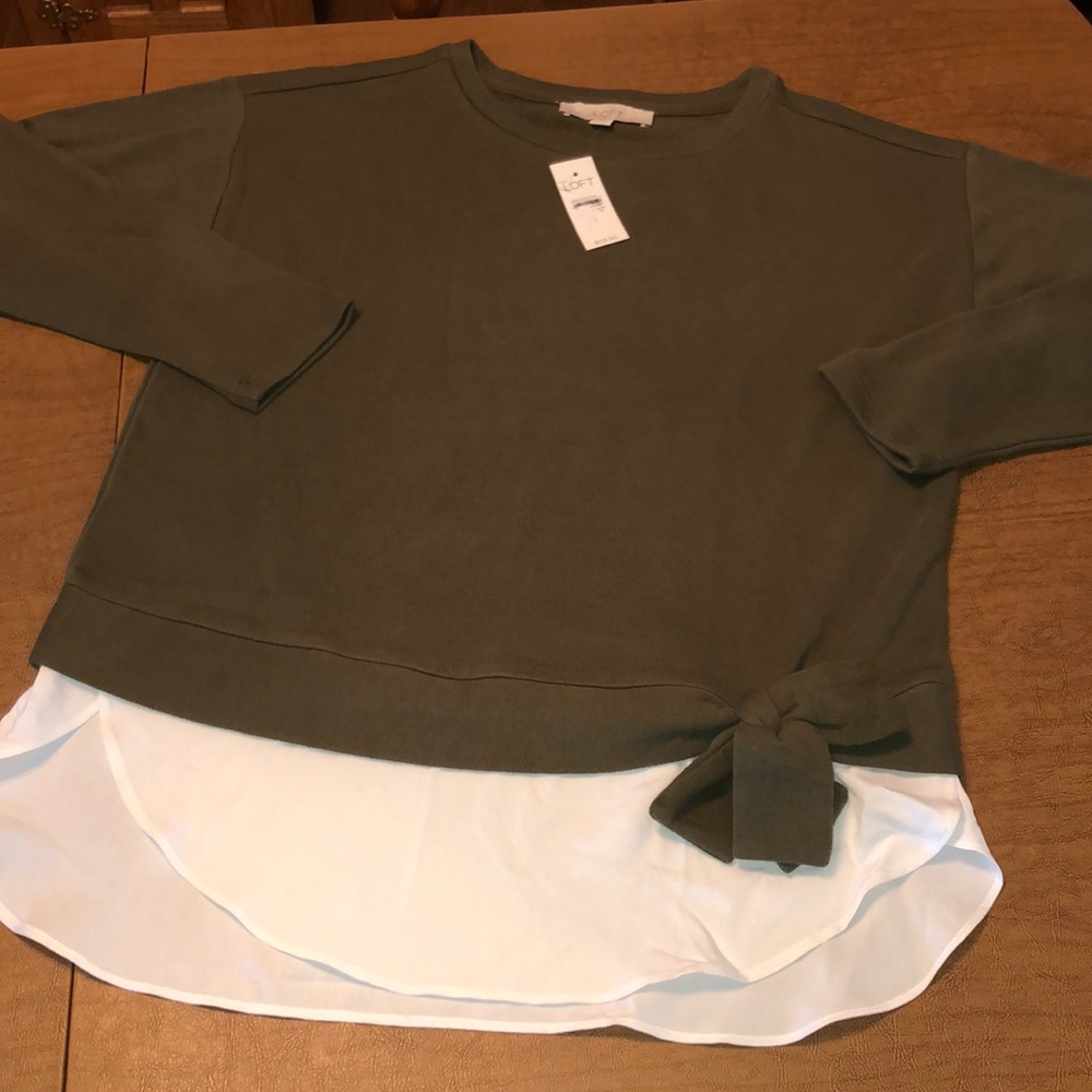 LOFT Green and White Layered Sweater Sweatshirt S